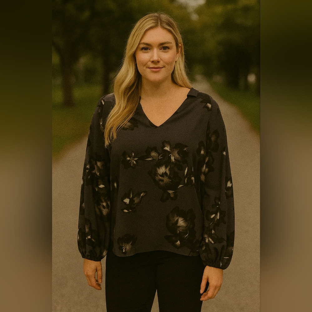 Chic Black and Gray Floral Blouse